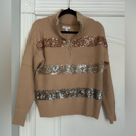 NWT Nine West Tan Sparkly Half Zip Sweater Pullover - Picture 2 of 8